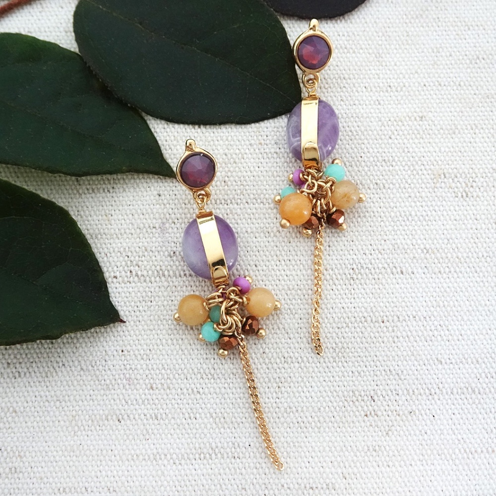 long dangle earrings, Oval Amethyst Stone, Semi-Precious stone beads, gold plate